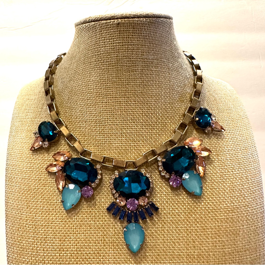 Gorgeous Cara Ny Statement Necklace- Glass Jewels Teals, Purple, Peach Crystals